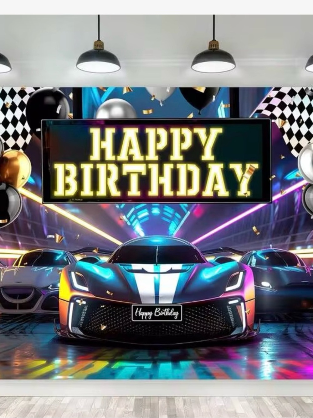 Neon Race Car Happy Birthday Backdrop - Multicolor- 60in x 80in